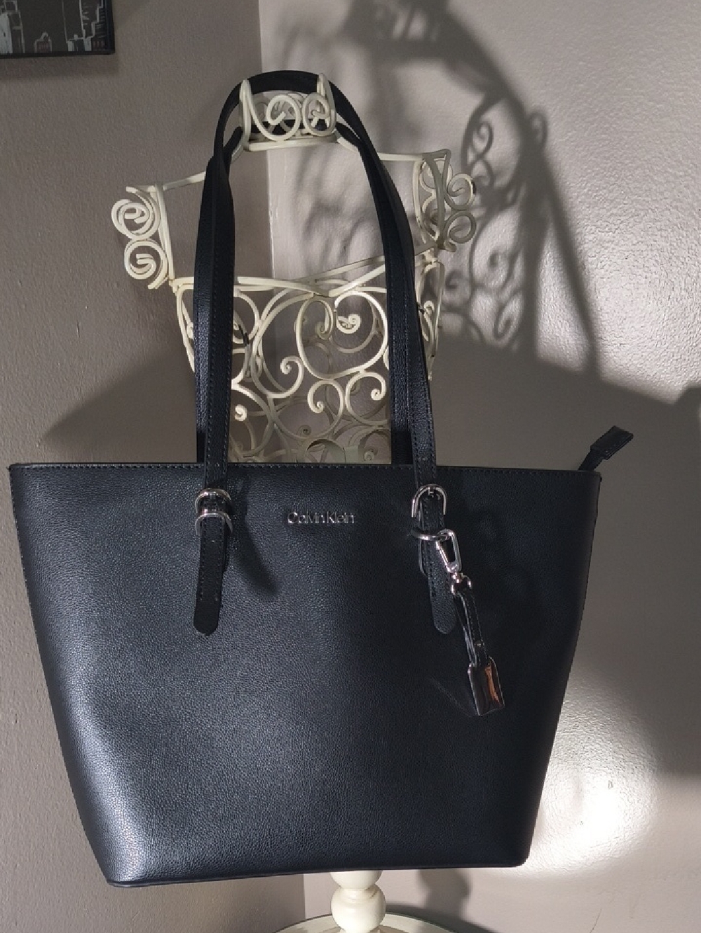 Calvin Klein Black Leather Tote with Polished Hardware